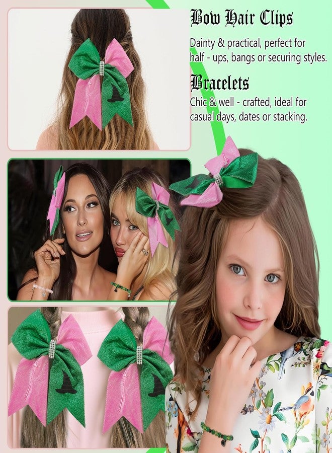 CUBACO 4Pcs Wicked Friendship Hair Accessories Matching Wicked Bracelets Set Pink and Green Hair Bows for Women Rhinestone Jewelry Bracelets Musical Movie Fans Decor Birthday Party Favor Supplies - Image 2